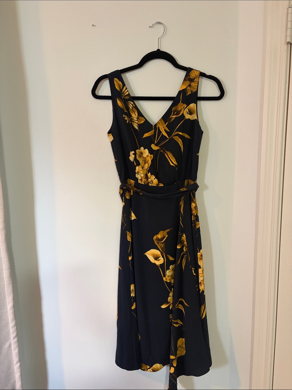 Ted Baker Sleeveless V-Neck Black Dress with Yellow Floral Print